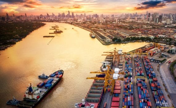 Container ship in import export and business logistics